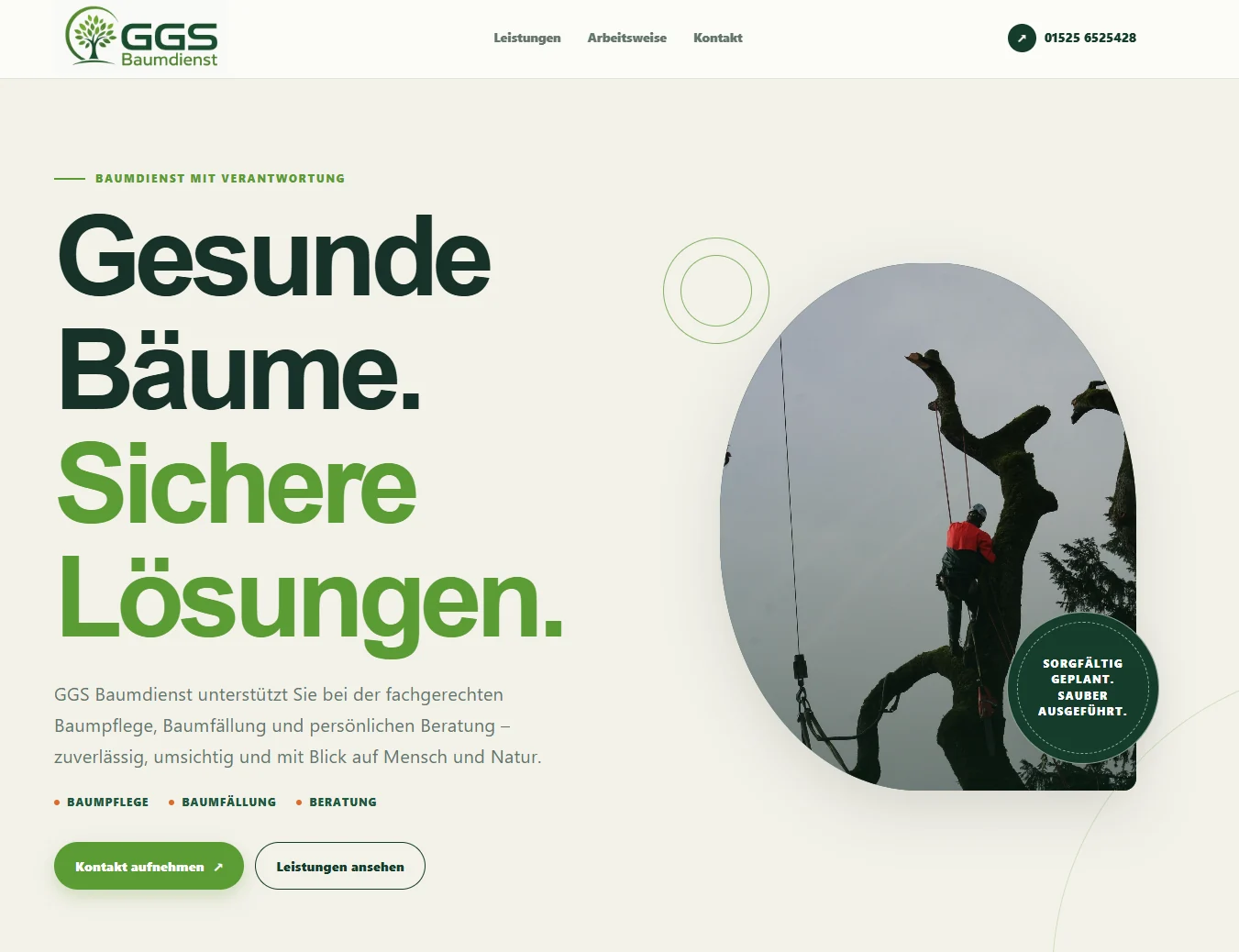 GGS Baumdienst Website mit gr&uuml;nem Auftritt und Baumpflege-Angebot